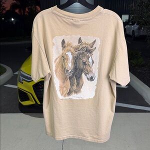 1986 Equestrian Hanes Beige Short-Sleeve Tee with Horse Graphic L